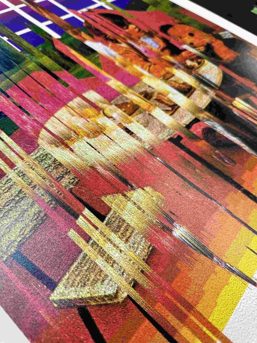 4-colour dither screenprint, sunset orange to purple gradient, glitched nostalgic scene with vertical drips