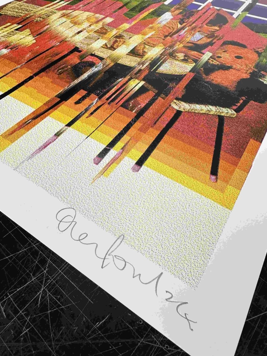 4-colour dither screenprint, sunset orange to purple gradient, glitched nostalgic scene with vertical drips