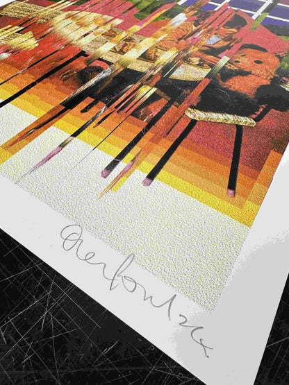 4-colour dither screenprint, sunset orange to purple gradient, glitched nostalgic scene with vertical drips