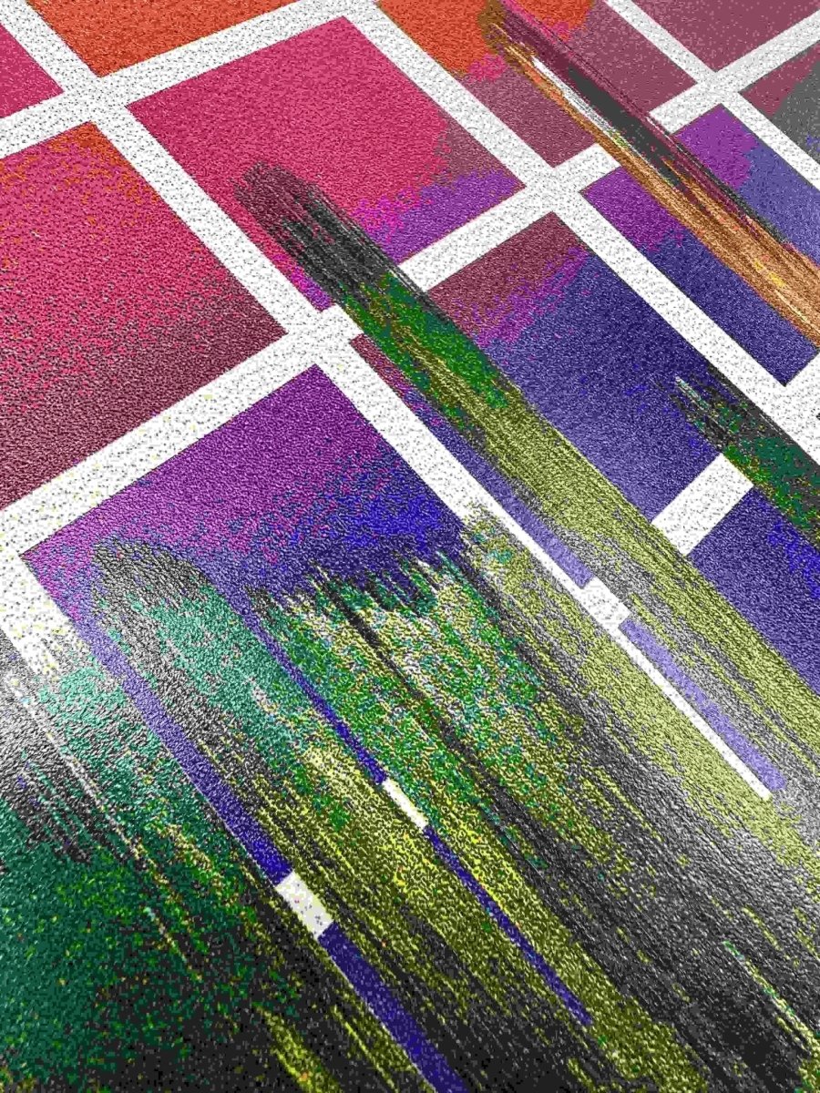 4-colour dither screenprint, sunset orange to purple gradient, glitched nostalgic scene with vertical drips