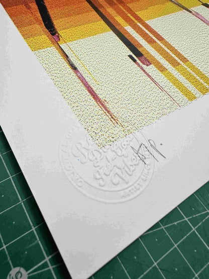 4-colour dither screenprint, sunset orange to purple gradient, glitched nostalgic scene with vertical drips