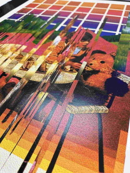 4-colour dither screenprint, sunset orange to purple gradient, glitched nostalgic scene with vertical drips